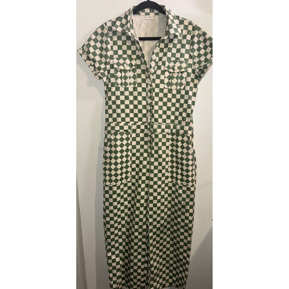 Roolee Green White Checkered Short Sleeve Button Front Utility Jumpsuit Womens